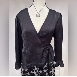 Top Shop Black Satin Tie Warp Blouse Versatile Freya size xs